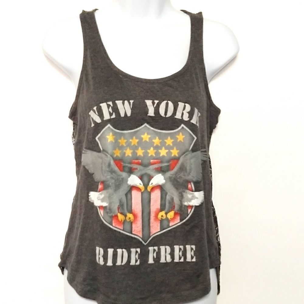 Freeze New York ride free lace high low hem large eagle star flag patriotic tank